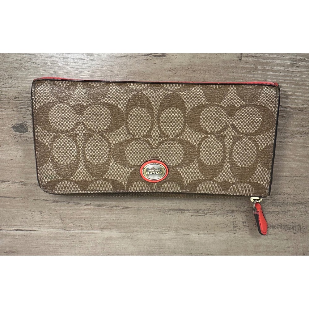 COACH‎ Peyton SIGNATURE C Khaki Pink Salmon Trim ACCORDION  Zipper WALLET CLUTCH